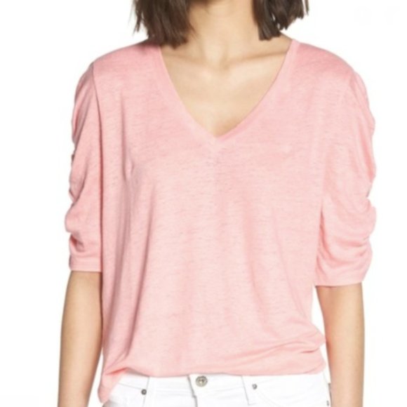 Chelsea28 Tops - Chelsea28 Pink V Neck Ruched Sleeve Linen Top